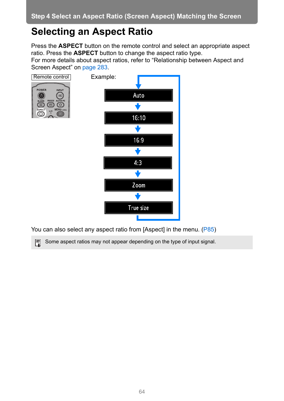 Selecting an aspect ratio | Canon XEED WUX450 User Manual | Page 64 / 308