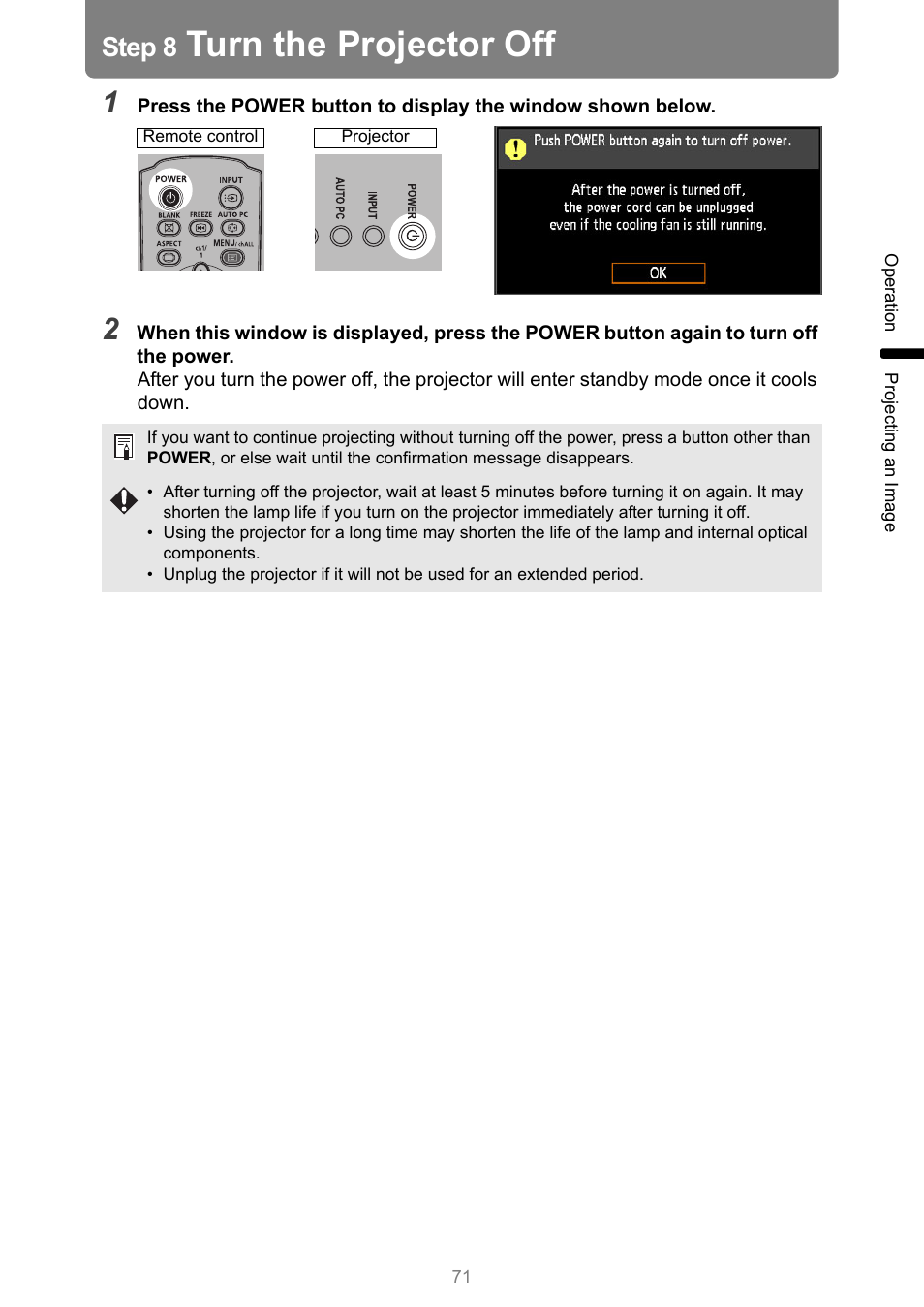 Step 8 turn the projector off, Turn the projector off, Step 8 | Canon XEED WUX450 User Manual | Page 71 / 308