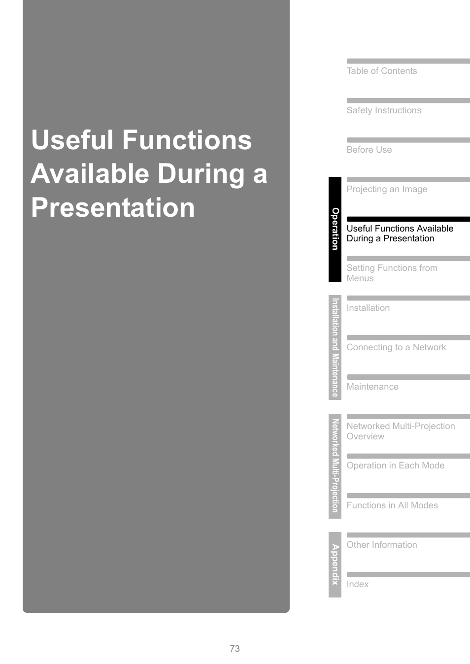 Useful functions available during a presentation | Canon XEED WUX450 User Manual | Page 73 / 308