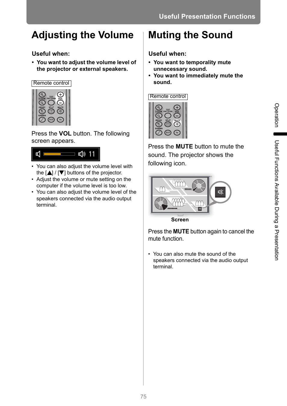 Adjusting the volume, Muting the sound, Lume | Canon XEED WUX450 User Manual | Page 75 / 308