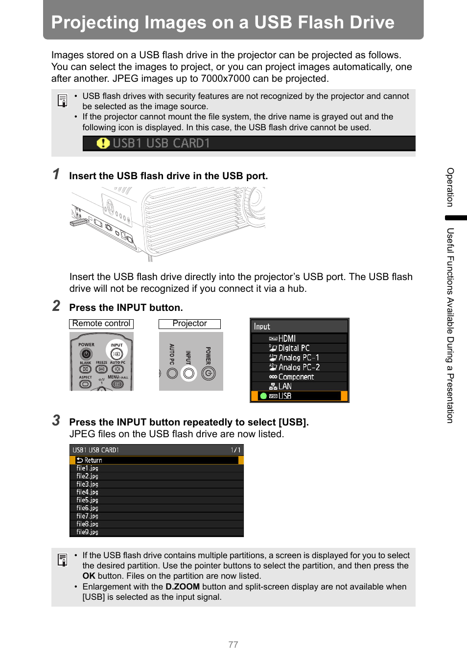 Projecting images on a usb flash drive, Sb port | Canon XEED WUX450 User Manual | Page 77 / 308
