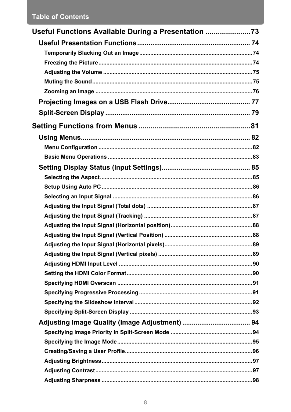 Useful functions available during a presentation, Setting functions from menus | Canon XEED WUX450 User Manual | Page 8 / 308