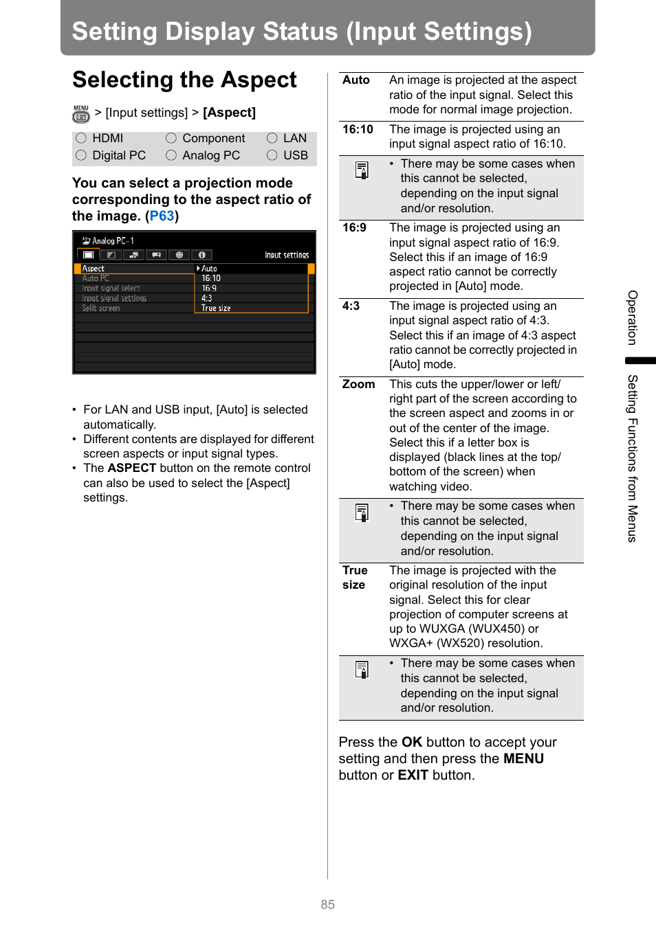 Setting display status (input settings), Selecting the aspect | Canon XEED WUX450 User Manual | Page 85 / 308