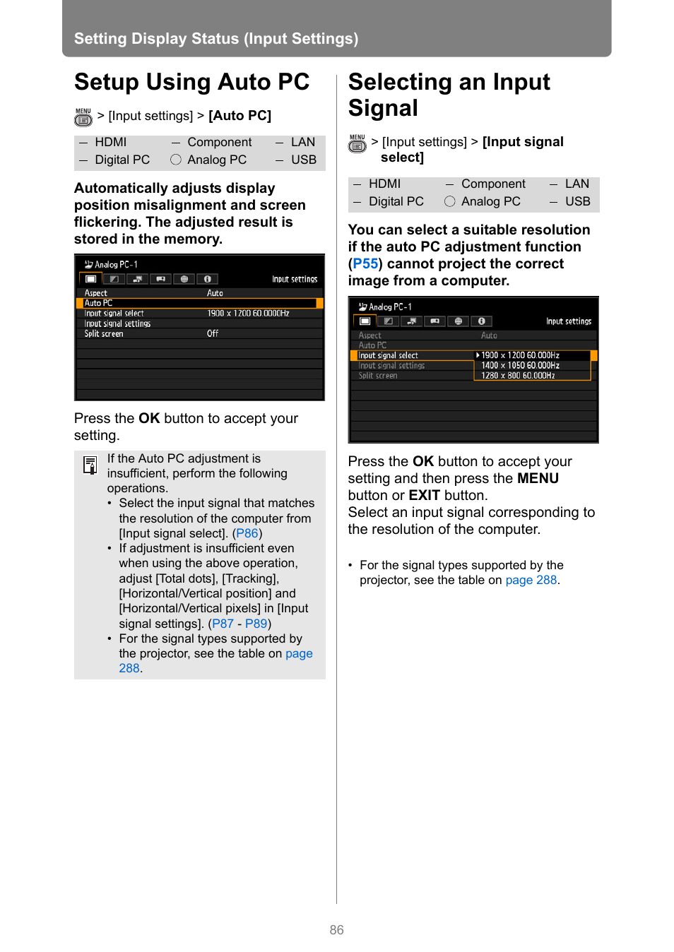 Setup using auto pc, Selecting an input signal | Canon XEED WUX450 User Manual | Page 86 / 308