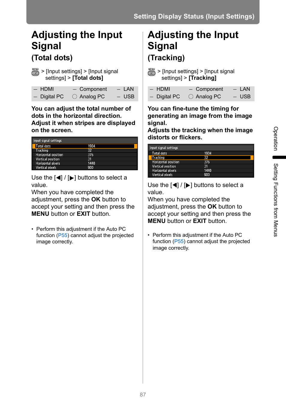 Adjusting the input signal (total dots), Adjusting the input signal (tracking), Pixels] in [input signal settings | King, Signal settings, Adjusting the input signal, Total dots), Tracking) | Canon XEED WUX450 User Manual | Page 87 / 308