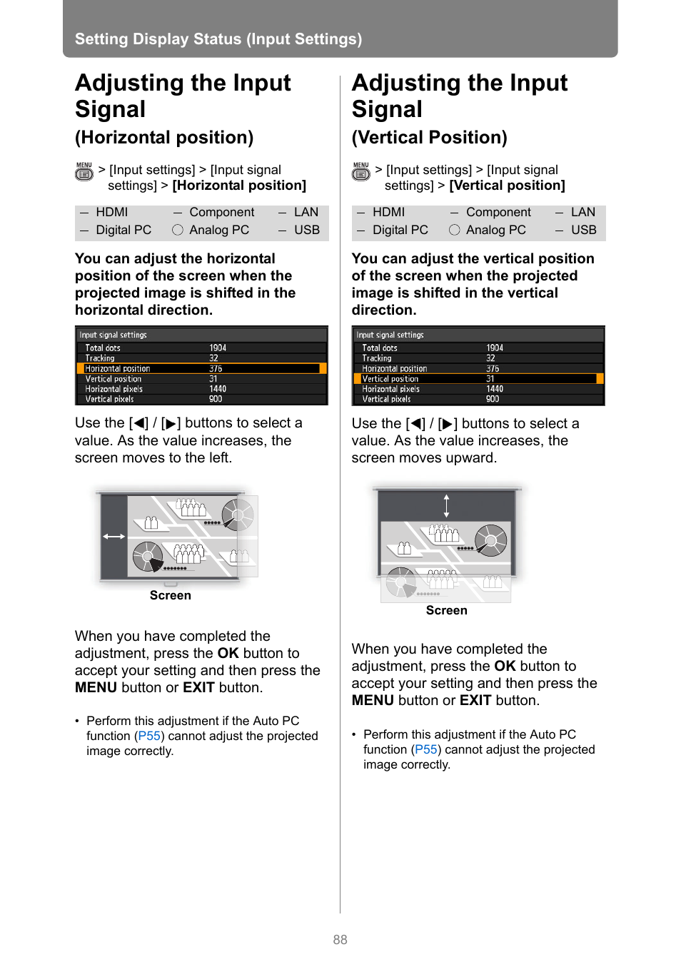 Adjusting the input signal (horizontal position), Adjusting the input signal (vertical position), Adjusting the input signal | Horizontal position), Vertical position) | Canon XEED WUX450 User Manual | Page 88 / 308