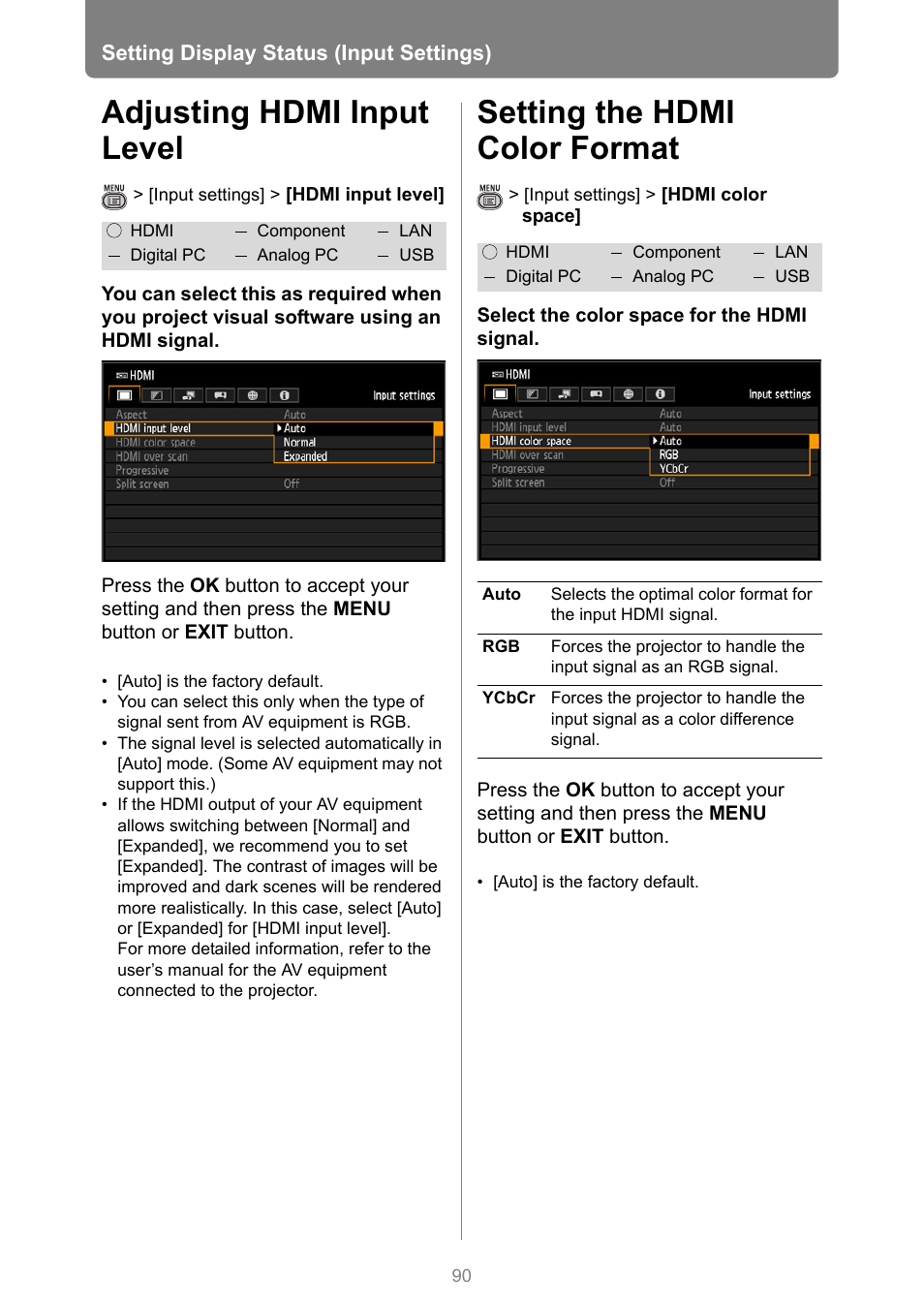 Adjusting hdmi input level, Setting the hdmi color format | Canon XEED WUX450 User Manual | Page 90 / 308