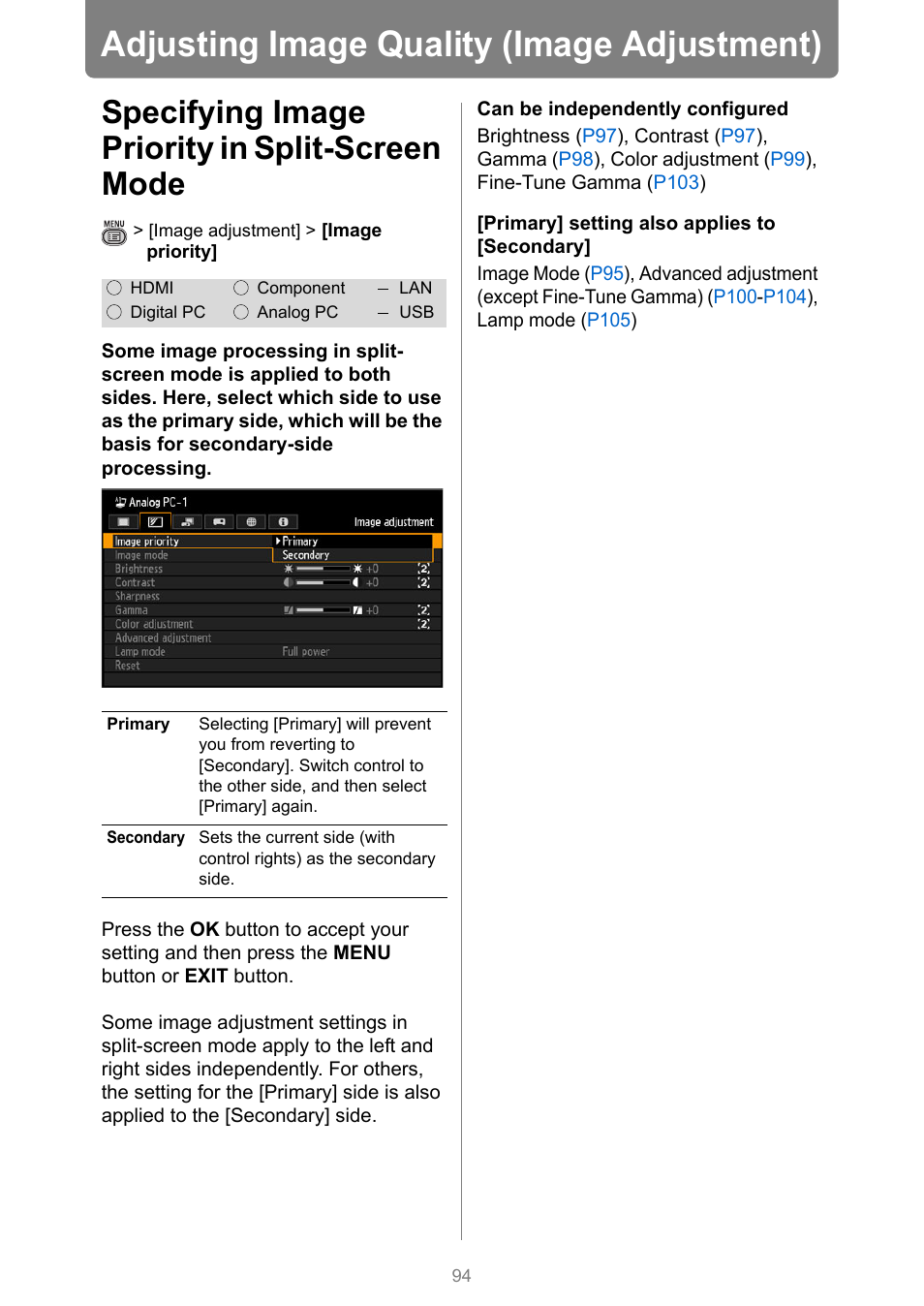 Adjusting image quality (image adjustment), Specifying image priority in split-screen mode | Canon XEED WUX450 User Manual | Page 94 / 308