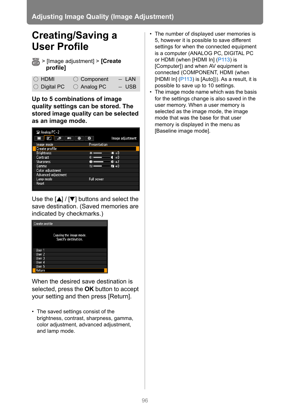 Creating/saving a user profile | Canon XEED WUX450 User Manual | Page 96 / 308
