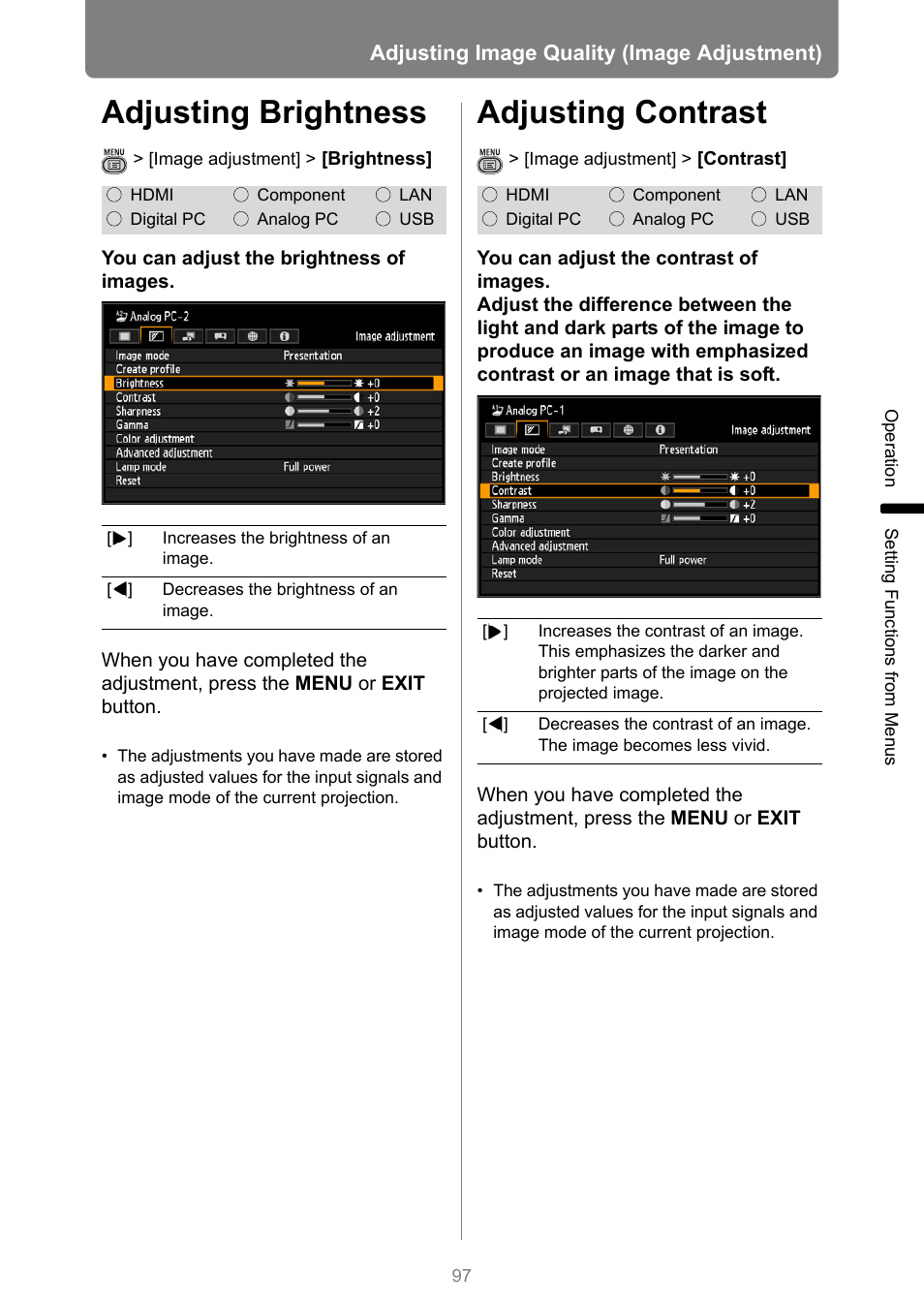 Adjusting brightness, Adjusting contrast, Contrast | Htness, Adjusting image quality (image adjustment) | Canon XEED WUX450 User Manual | Page 97 / 308