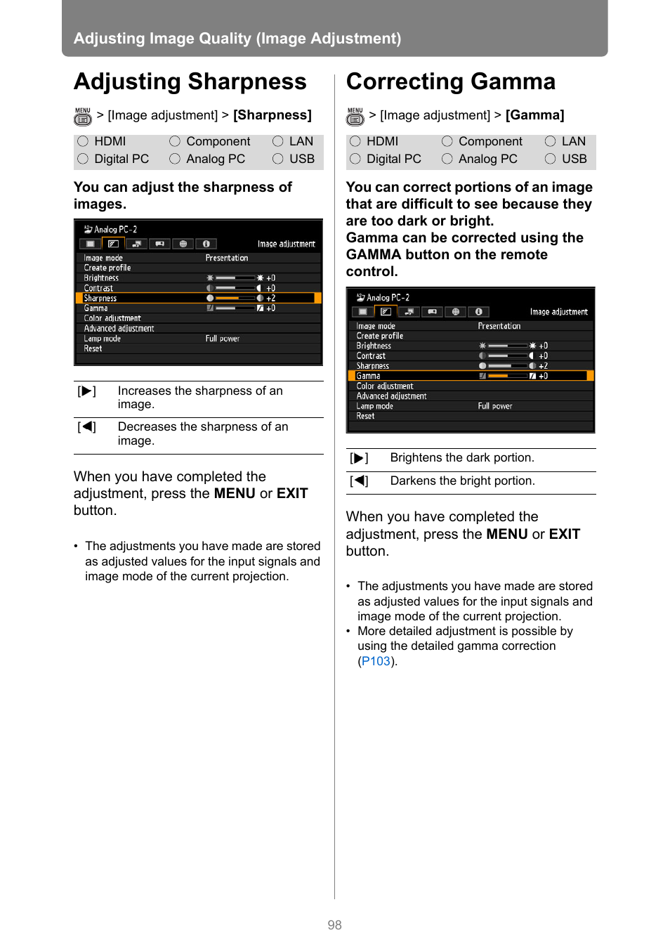 Adjusting sharpness, Correcting gamma, Dynamic gamma | Color ad, Adjusting image quality (image adjustment) | Canon XEED WUX450 User Manual | Page 98 / 308
