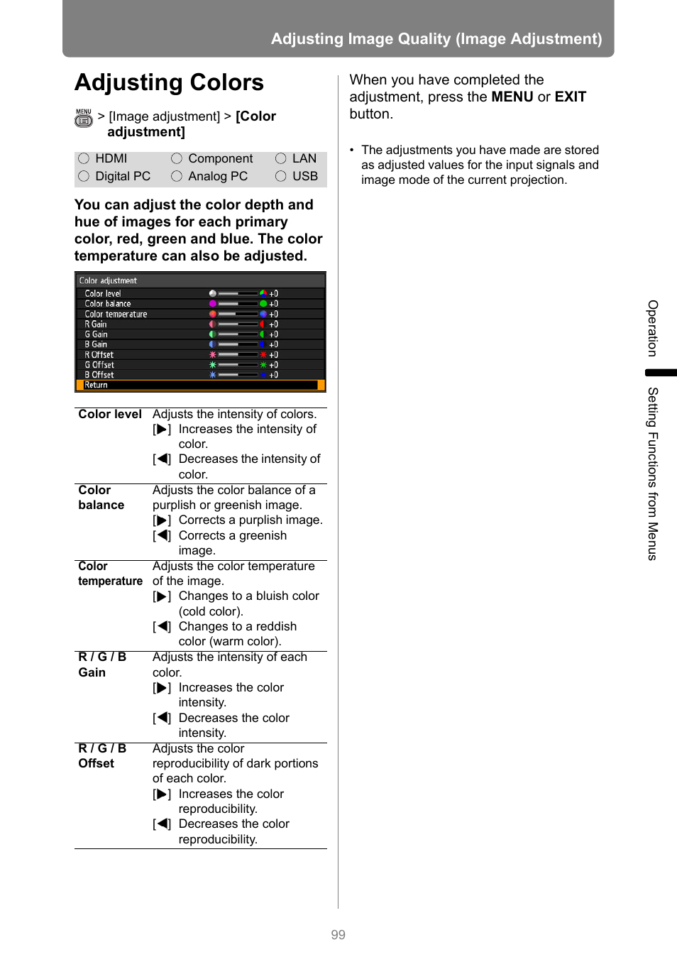 Adjusting colors, Adjusting image quality (image adjustment) | Canon XEED WUX450 User Manual | Page 99 / 308
