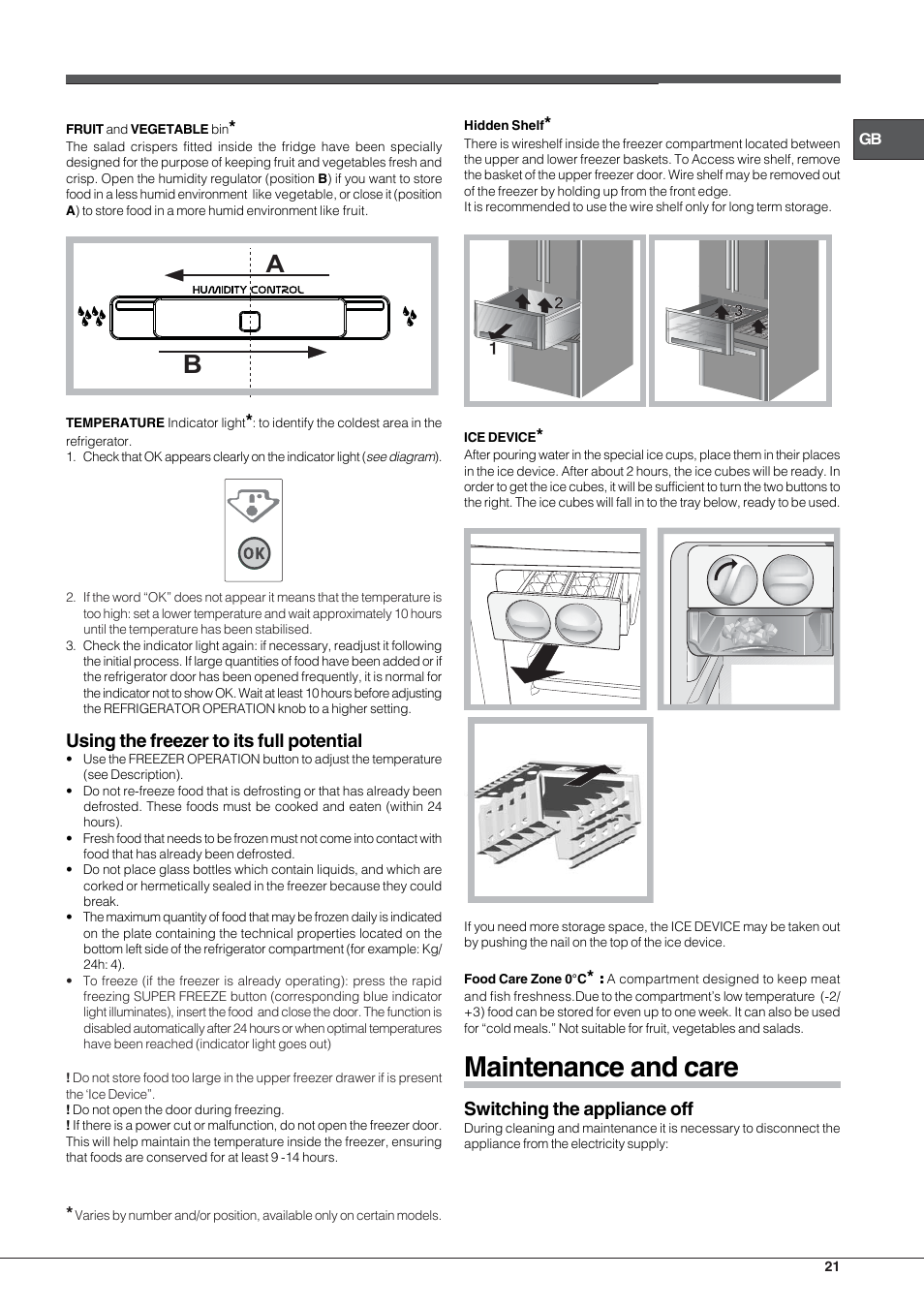 Maintenance and care, Using the freezer to its full potential, Switching the appliance off | Hotpoint Ariston Combinato Quadrio E4D AAA X C User Manual | Page 21 / 52