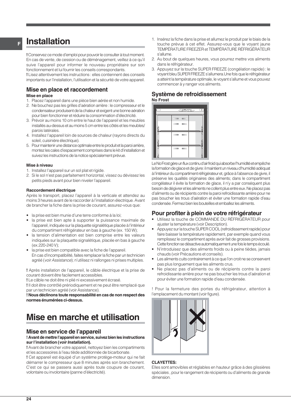 Installation, Mise en marche et utilisation, Mise en place et raccordement | Mise en service de l’appareil, Système de refroidissement, Pour profiter à plein de votre réfrigérateur | Hotpoint Ariston Combinato Quadrio E4D AAA X C User Manual | Page 24 / 52