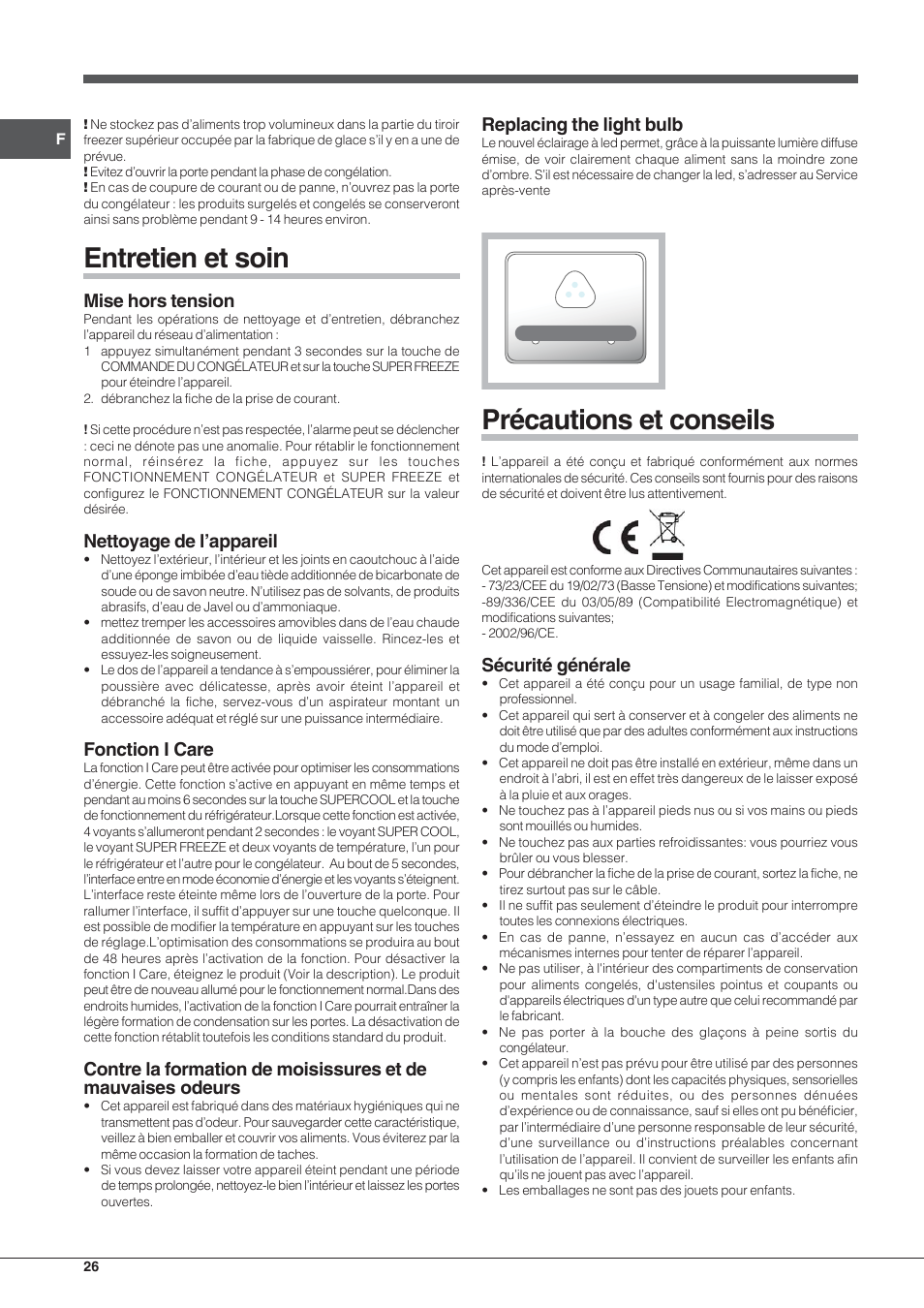 Entretien et soin, Précautions et conseils, Mise hors tension | Nettoyage de l’appareil, Fonction i care, Replacing the light bulb, Sécurité générale | Hotpoint Ariston Combinato Quadrio E4D AAA X C User Manual | Page 26 / 52
