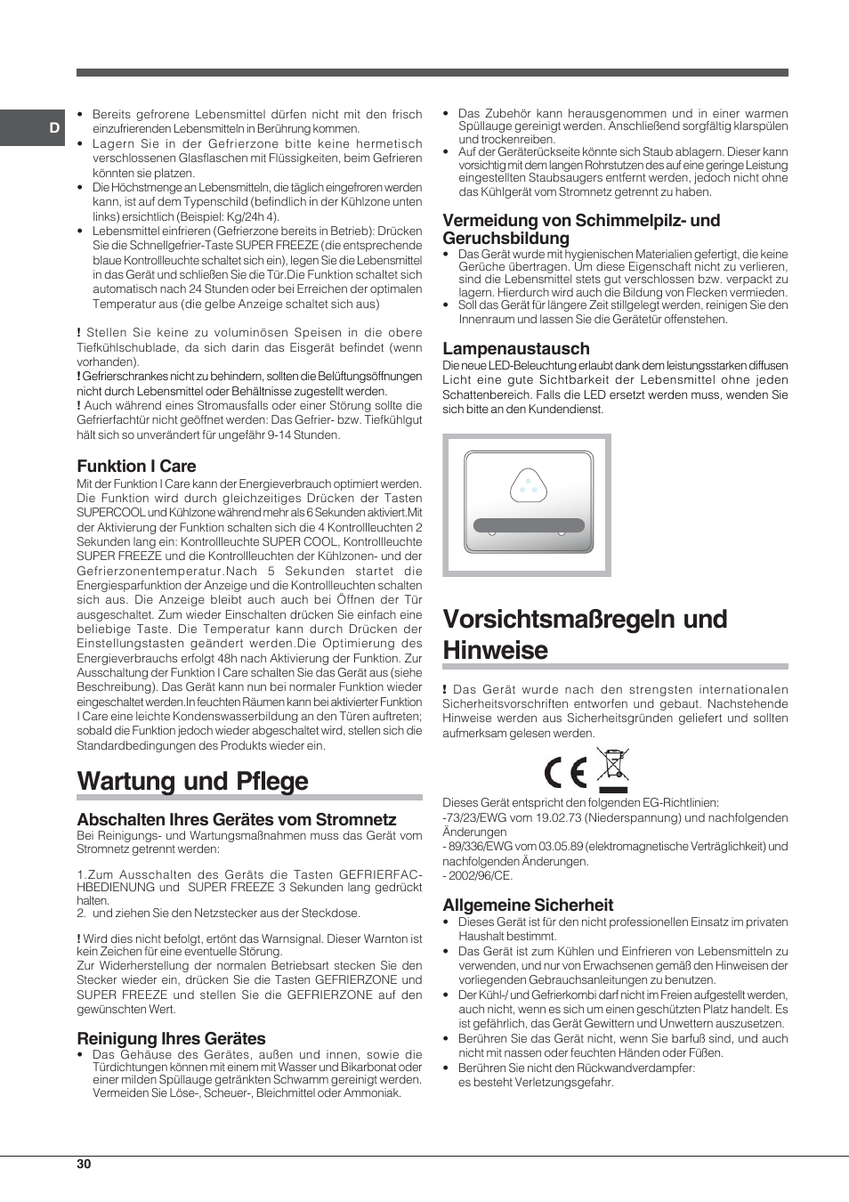 Wartung und pflege, Vorsichtsmaßregeln und hinweise, Funktion i care | Abschalten ihres gerätes vom stromnetz, Reinigung ihres gerätes, Vermeidung von schimmelpilz- und geruchsbildung, Lampenaustausch, Allgemeine sicherheit | Hotpoint Ariston Combinato Quadrio E4D AAA X C User Manual | Page 30 / 52
