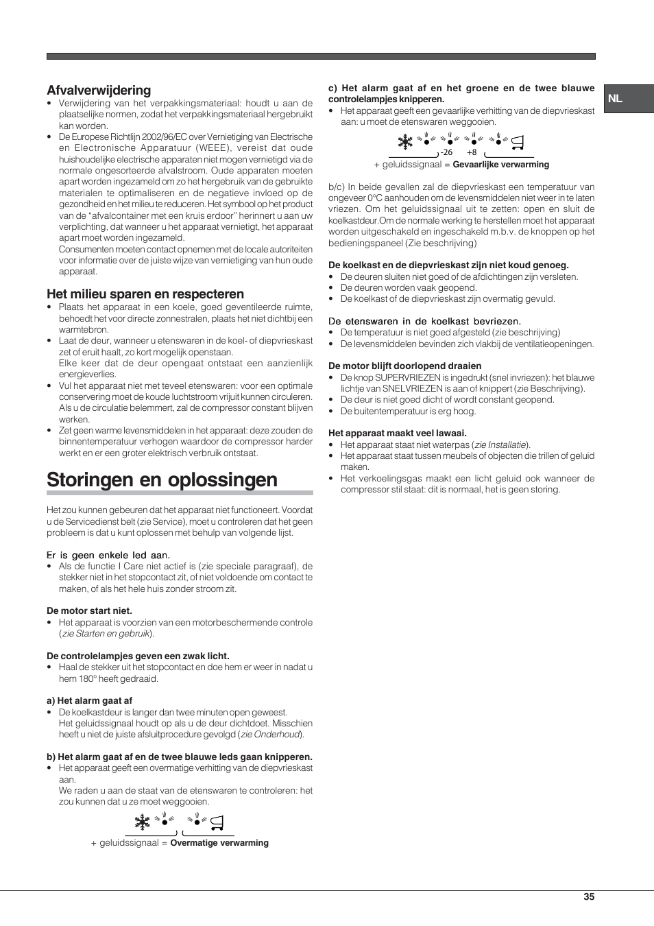 Storingen en oplossingen, Afvalverwijdering, Het milieu sparen en respecteren | Hotpoint Ariston Combinato Quadrio E4D AAA X C User Manual | Page 35 / 52