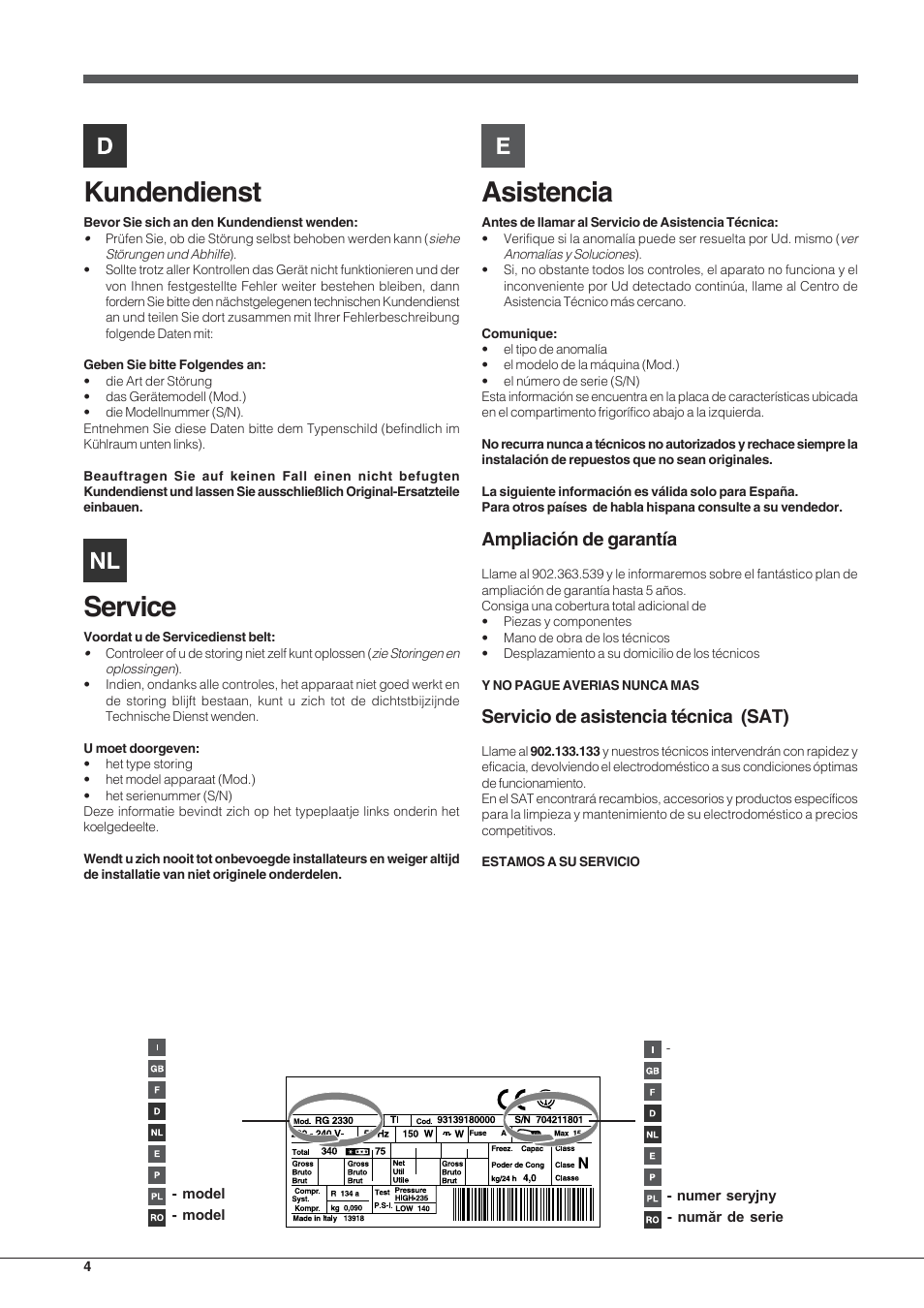 Kundendienst, Service, Asistencia | Ampliación de garantía, Servicio de asistencia técnica (sat) | Hotpoint Ariston Combinato Quadrio E4D AAA X C User Manual | Page 4 / 52