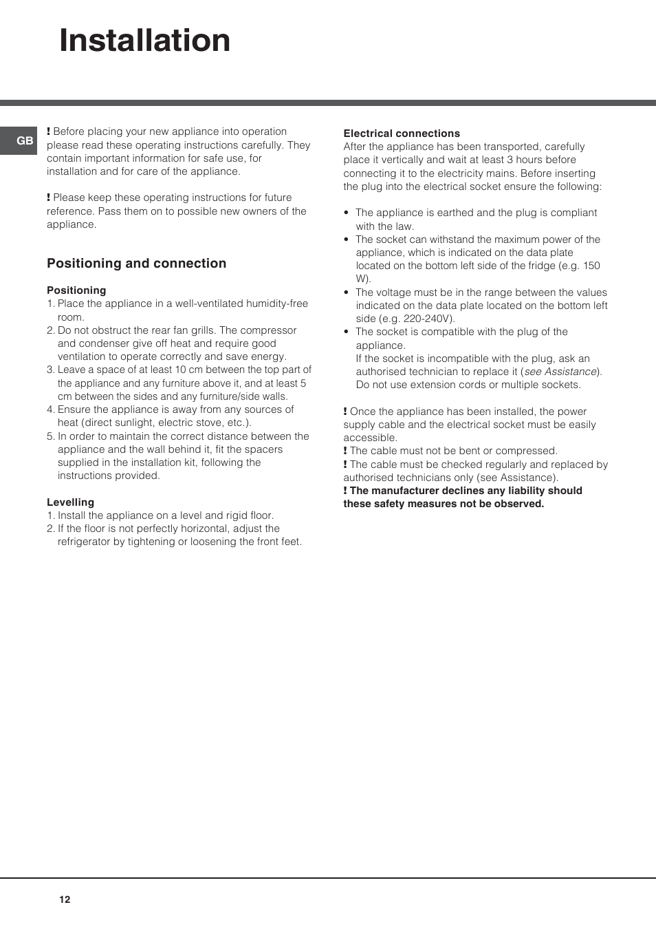 Installation | Hotpoint Ariston Doppia Porta NMTM 192A VWB User Manual | Page 12 / 80