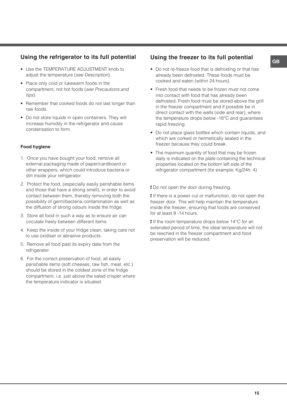 Using the freezer to its full potential, Using the refrigerator to its full potential | Hotpoint Ariston Doppia Porta NMTM 192A VWB User Manual | Page 15 / 80