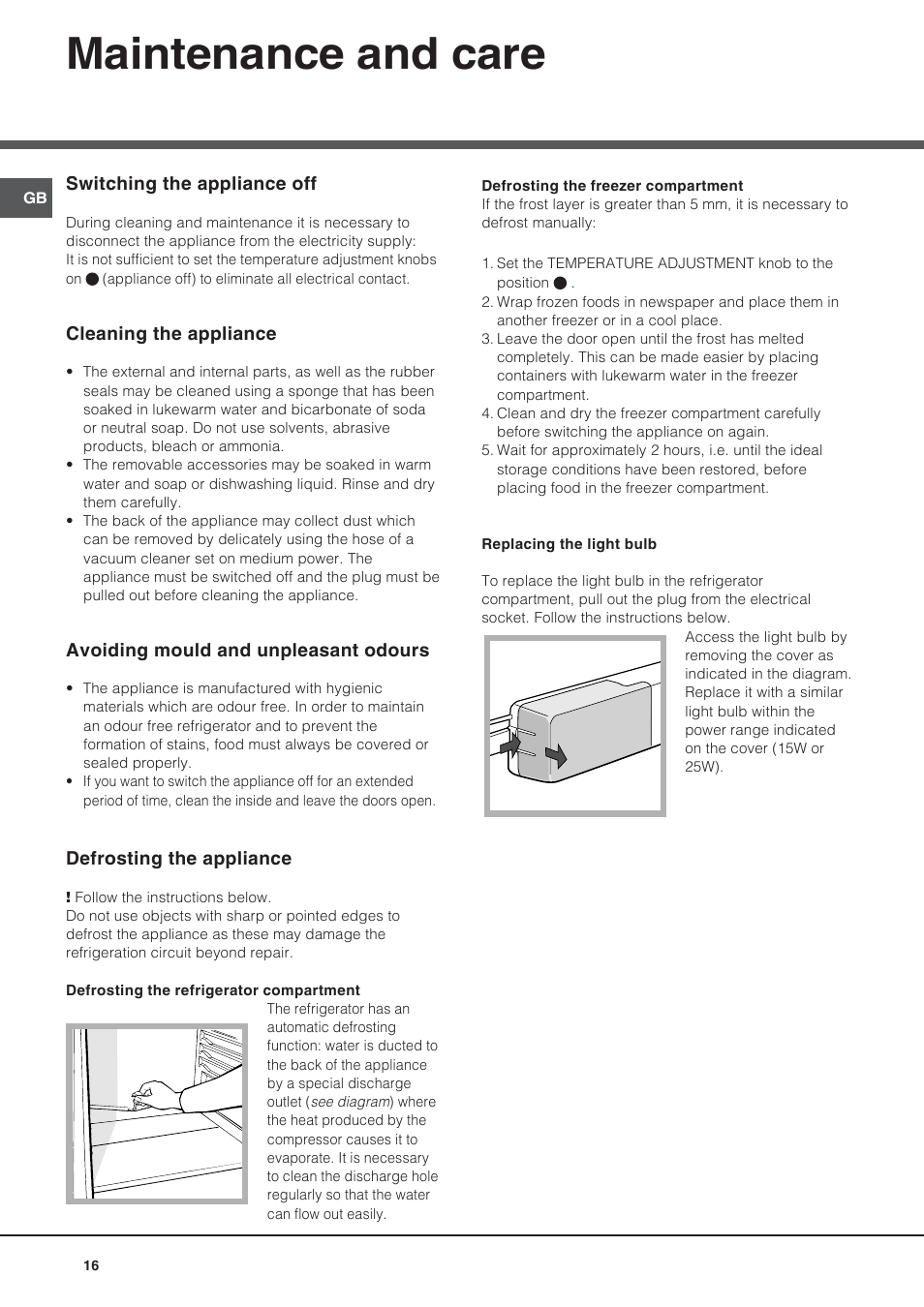 Maintenance and care | Hotpoint Ariston Doppia Porta NMTM 192A VWB User Manual | Page 16 / 80