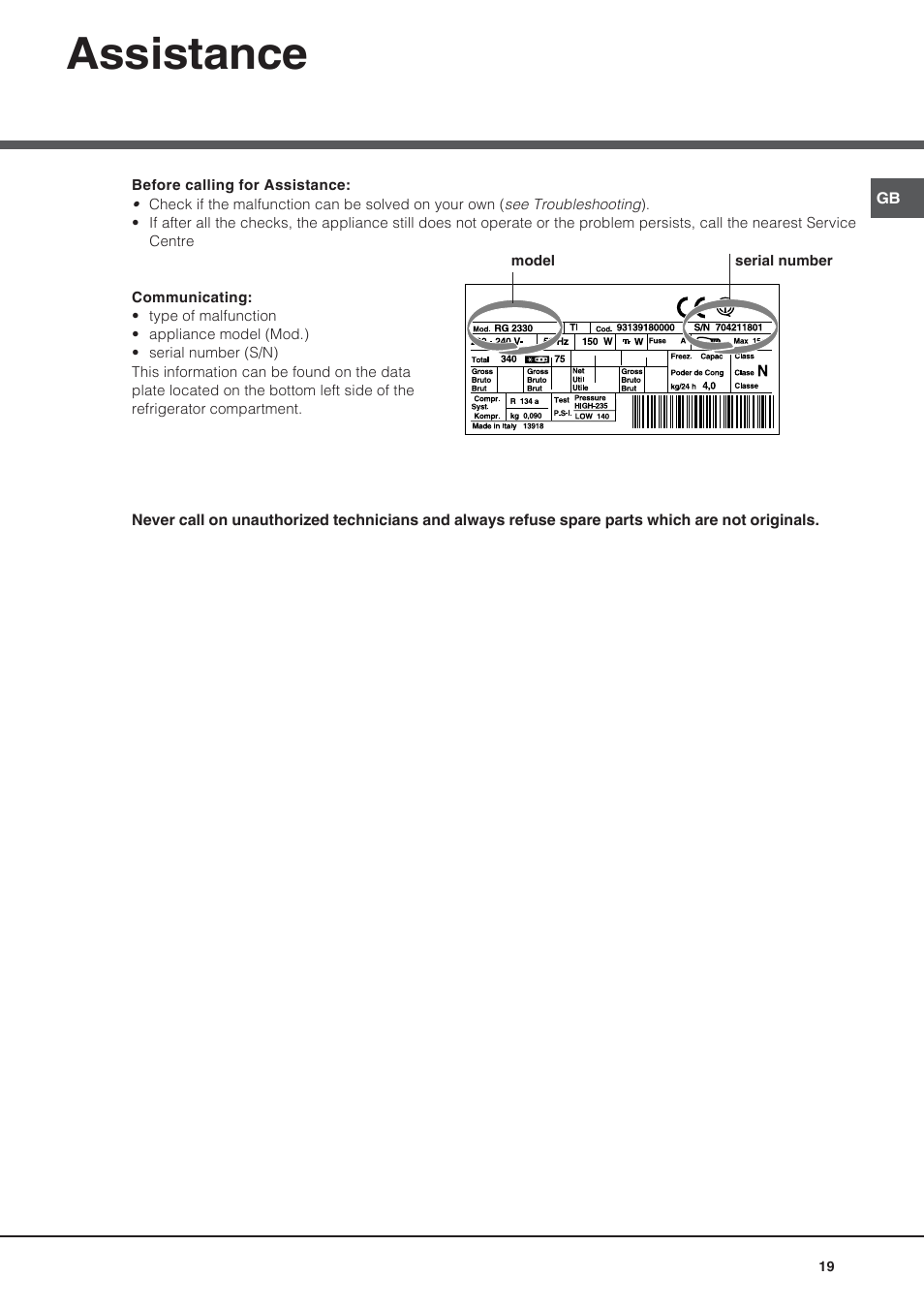 Assistance | Hotpoint Ariston Doppia Porta NMTM 192A VWB User Manual | Page 19 / 80