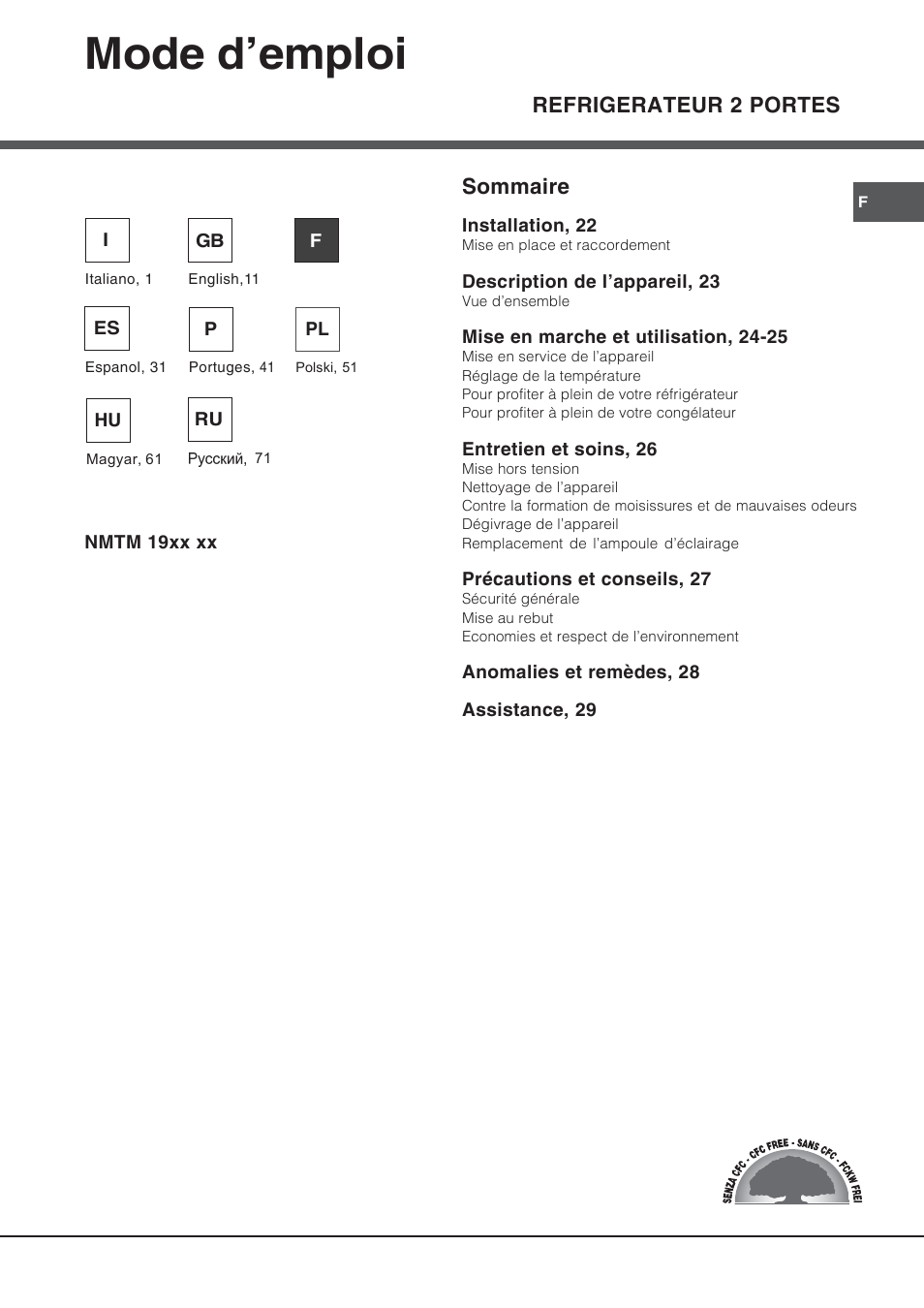 83869fr, Mode d’emploi, Refrigerateur 2 portes | Sommaire | Hotpoint Ariston Doppia Porta NMTM 192A VWB User Manual | Page 21 / 80