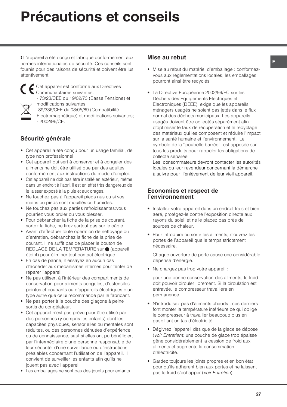 Précautions et conseils | Hotpoint Ariston Doppia Porta NMTM 192A VWB User Manual | Page 27 / 80