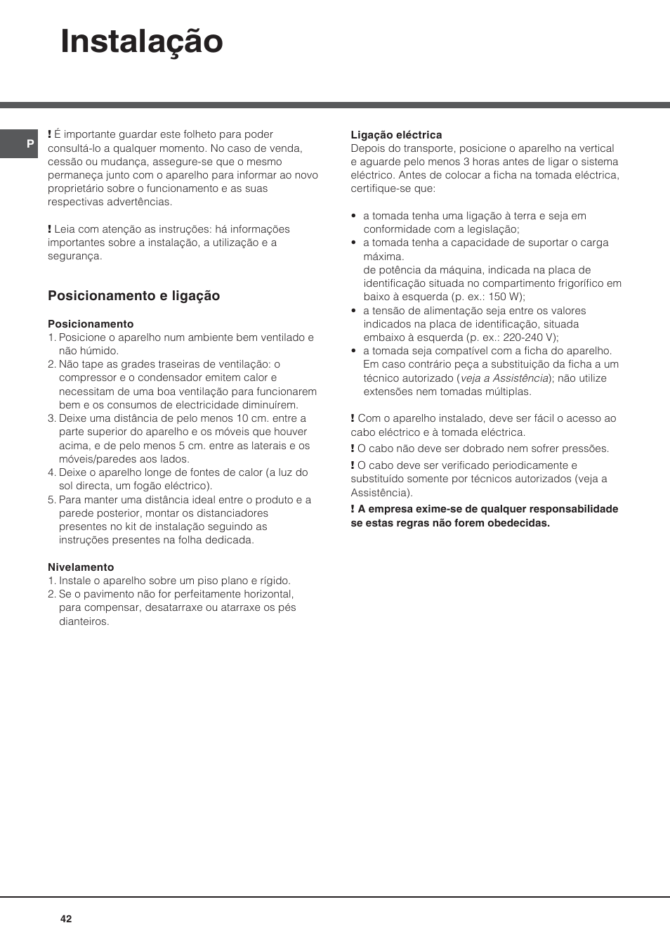 Instalação | Hotpoint Ariston Doppia Porta NMTM 192A VWB User Manual | Page 42 / 80