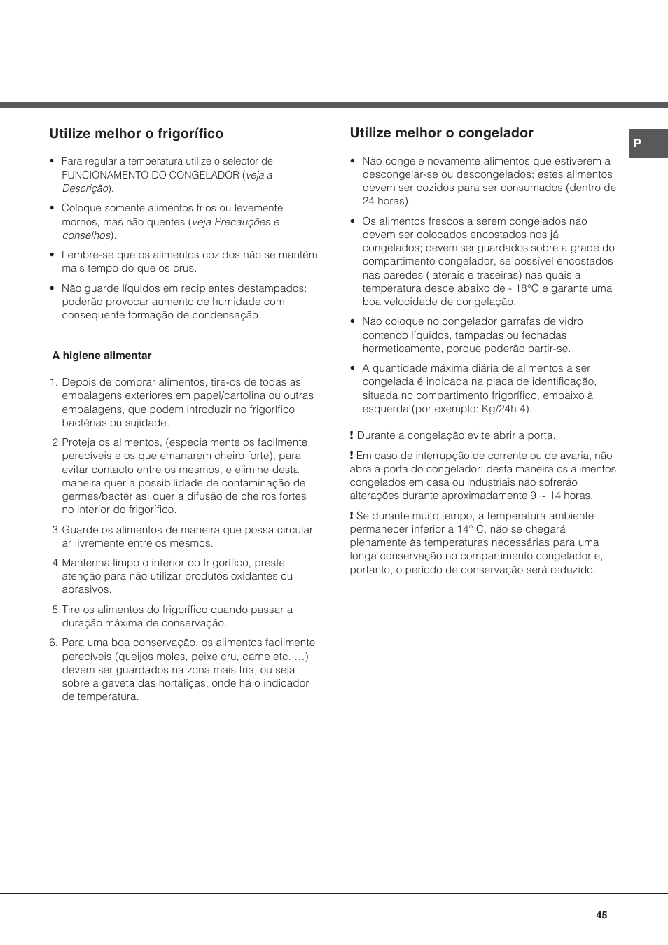 Utilize melhor o frigorífico, Utilize melhor o congelador | Hotpoint Ariston Doppia Porta NMTM 192A VWB User Manual | Page 45 / 80