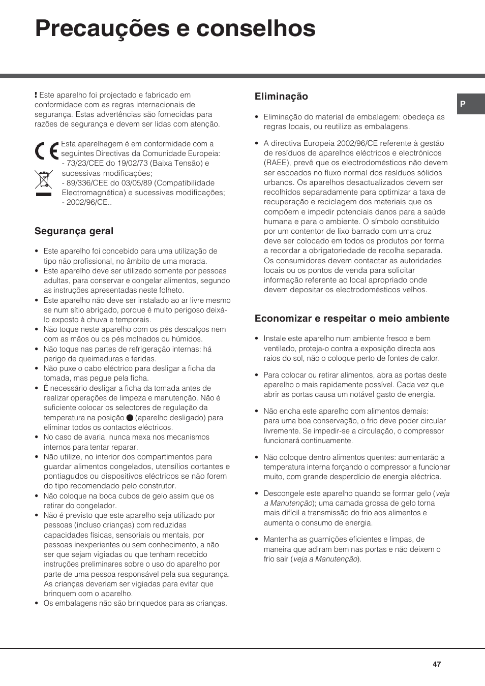 Precauções e conselhos | Hotpoint Ariston Doppia Porta NMTM 192A VWB User Manual | Page 47 / 80