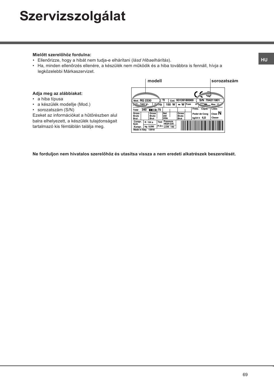 Hotpoint Ariston Doppia Porta NMTM 192A VWB User Manual | Page 69 / 80