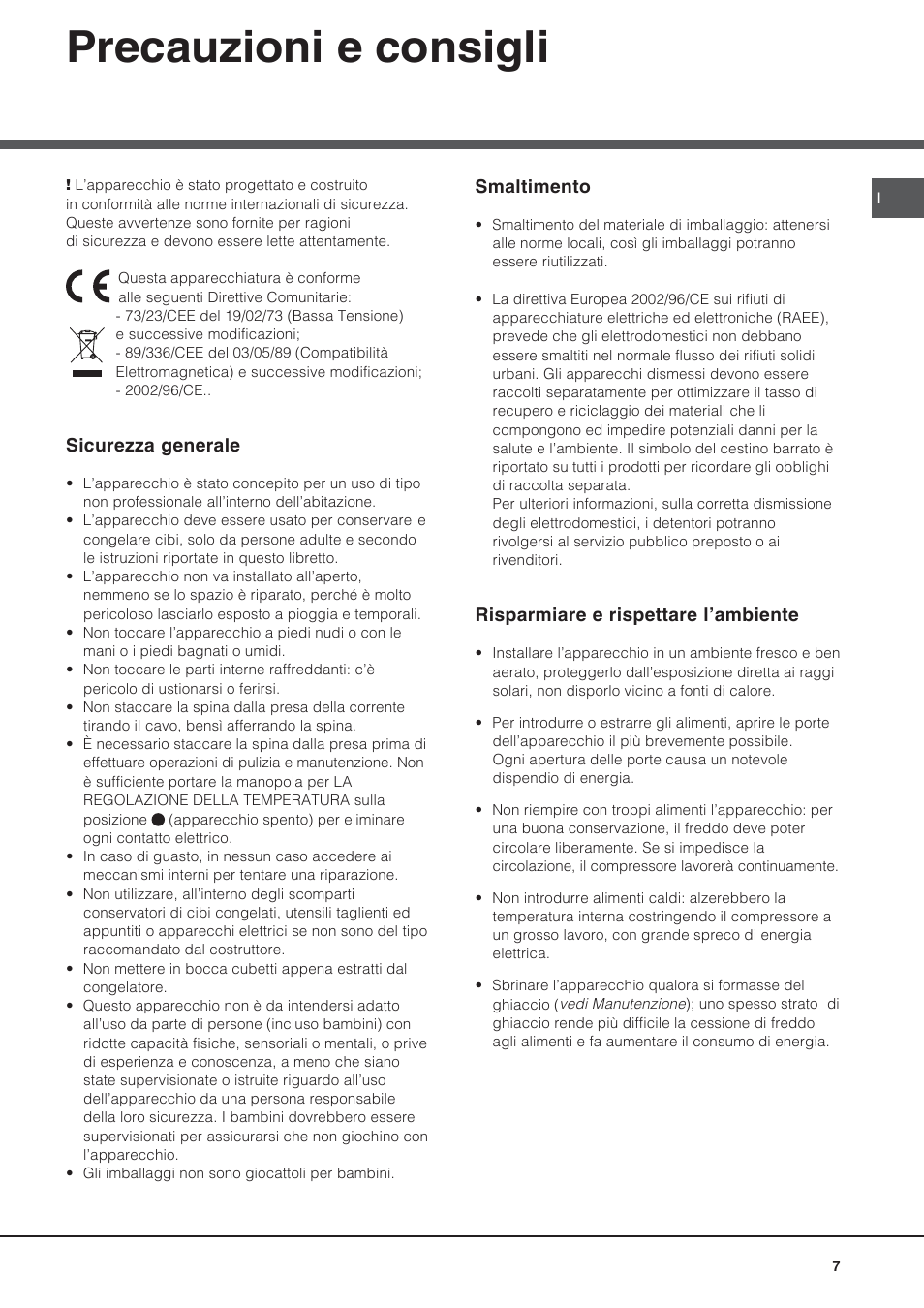 Precauzioni e consigli | Hotpoint Ariston Doppia Porta NMTM 192A VWB User Manual | Page 7 / 80