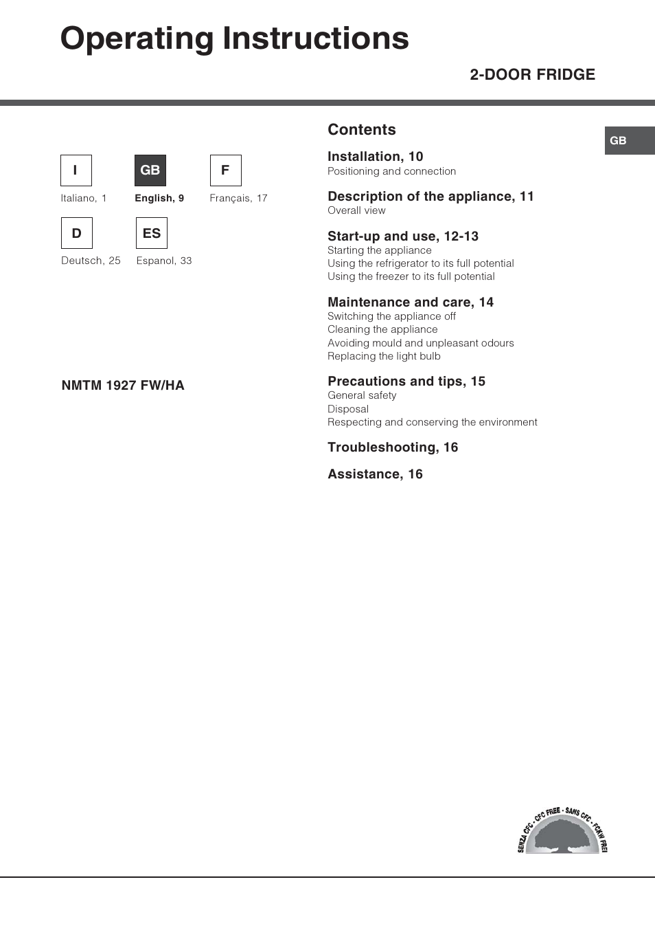 Operating instructions, Door fridge contents | Hotpoint Ariston Doppia Porta NMTM 1927 FW-HA User Manual | Page 9 / 40