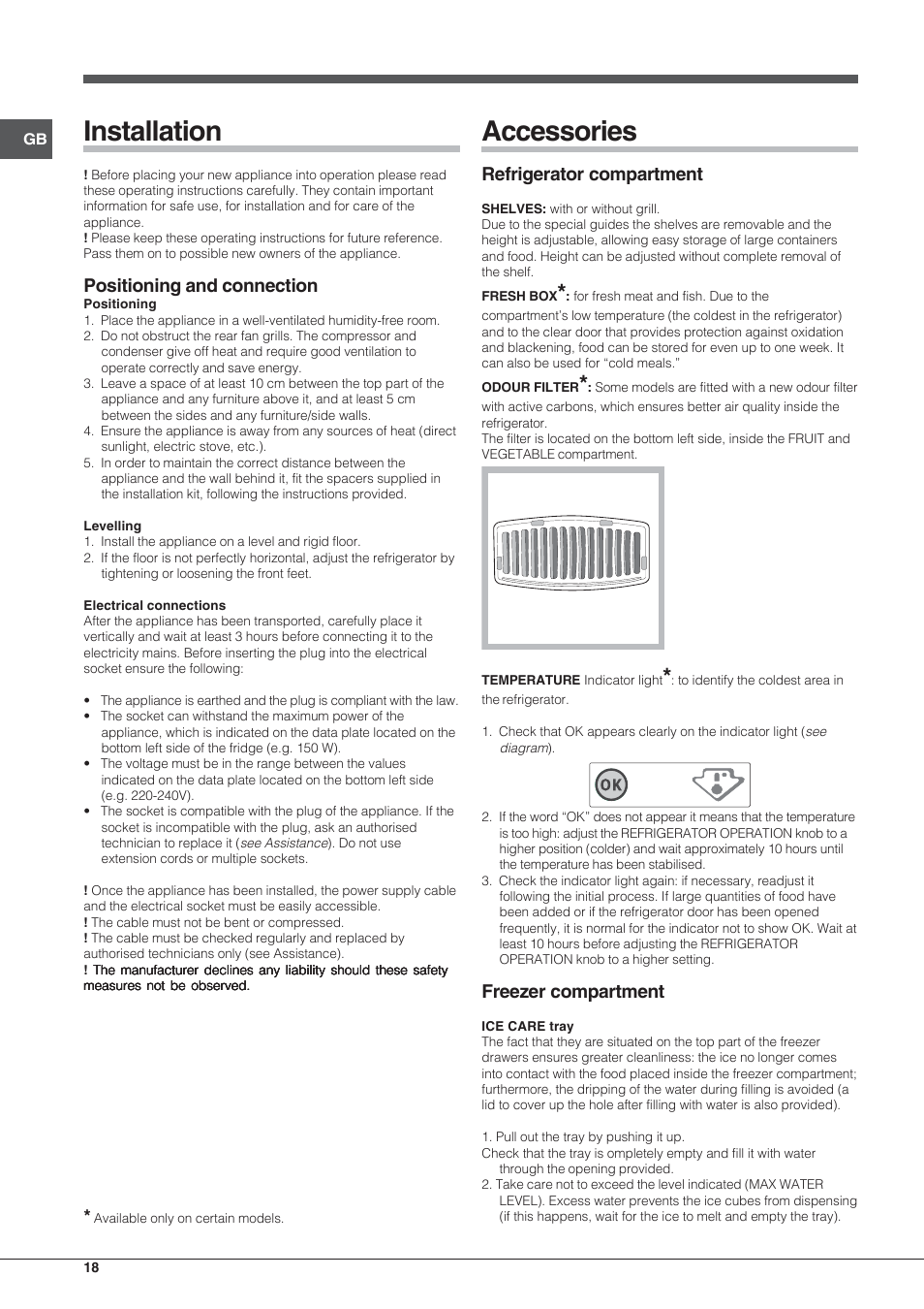 Installation, Accessories, Positioning and connection | Refrigerator compartment, Freezer compartment | Hotpoint Ariston Combinato NMBL 192A FW User Manual | Page 18 / 48