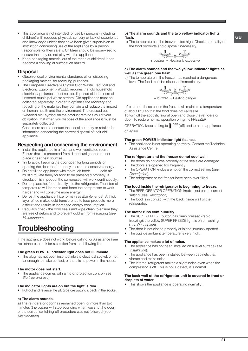 Troubleshooting, Disposal, Respecting and conserving the environment | Hotpoint Ariston Combinato NMBL 192A FW User Manual | Page 21 / 48