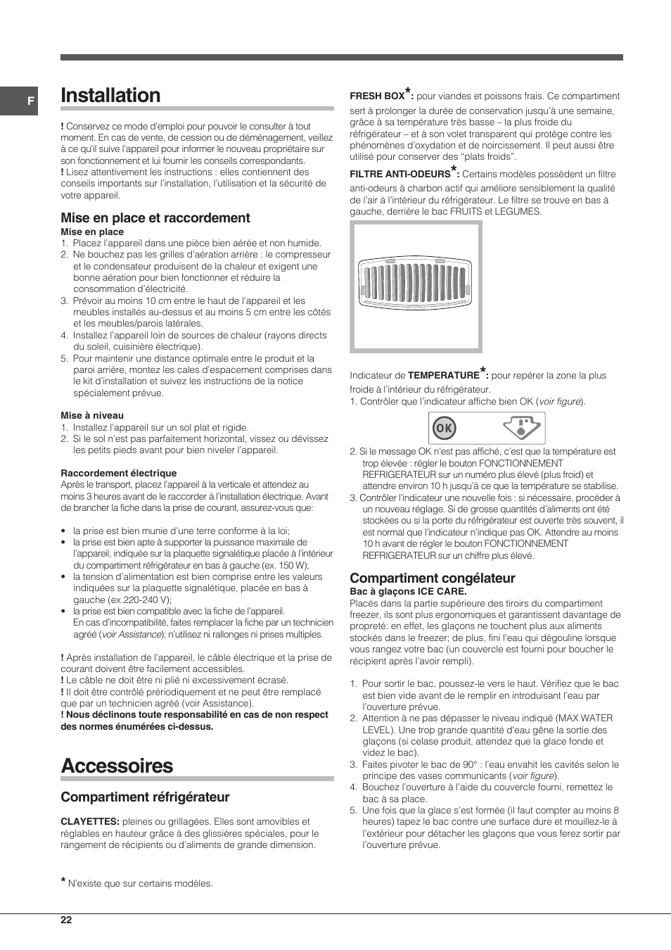 Installation, Accessoires, Mise en place et raccordement | Compartiment réfrigérateur, Compartiment congélateur | Hotpoint Ariston Combinato NMBL 192A FW User Manual | Page 22 / 48