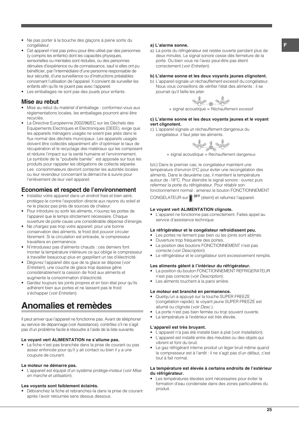 Anomalies et remèdes, Mise au rebut, Economies et respect de l’environnement | Hotpoint Ariston Combinato NMBL 192A FW User Manual | Page 25 / 48