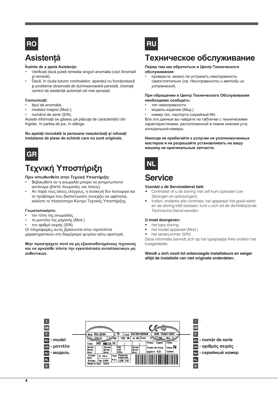 Фечнйкю хрпуфюсйоз, Service | Hotpoint Ariston Combinato NMBL 192A FW User Manual | Page 4 / 48