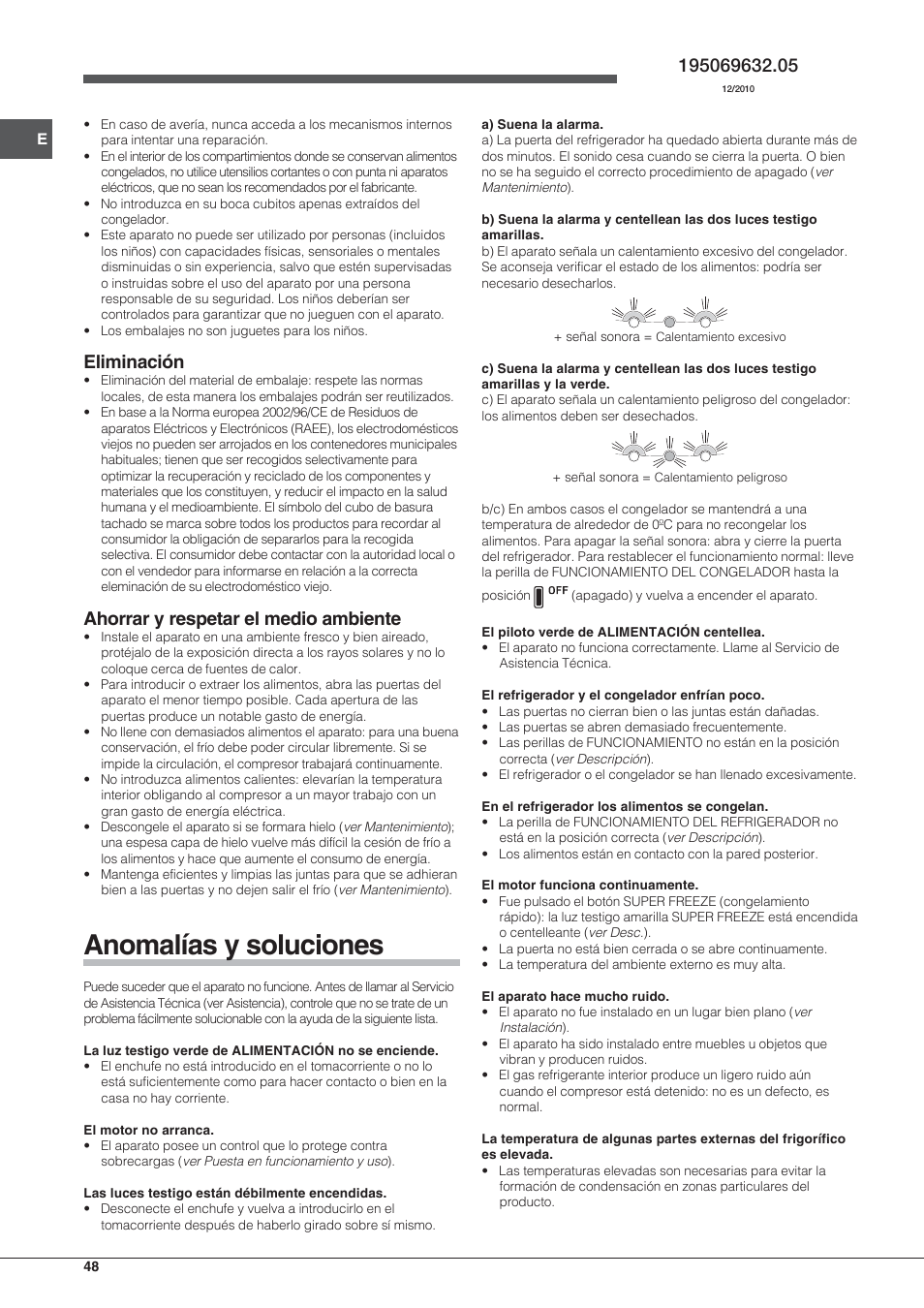 Anomalías y soluciones, Eliminación, Ahorrar y respetar el medio ambiente | Hotpoint Ariston Combinato NMBL 192A FW User Manual | Page 48 / 48
