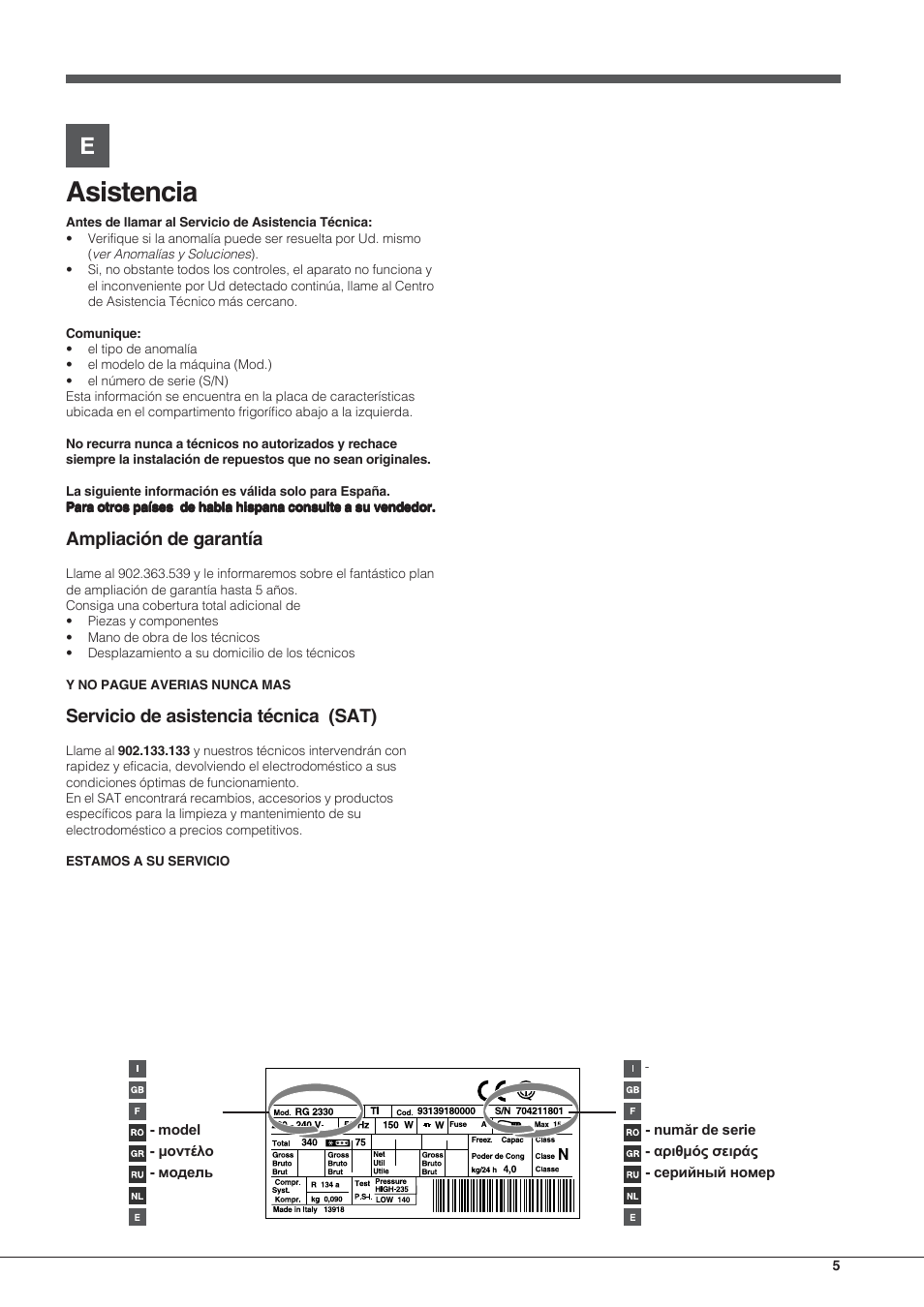 Asistencia, Ampliación de garantía, Servicio de asistencia técnica (sat) | Hotpoint Ariston Combinato NMBL 192A FW User Manual | Page 5 / 48