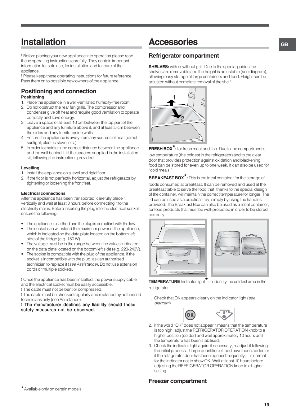 Installation, Accessories, Positioning and connection | Refrigerator compartment, Freezer compartment | Hotpoint Ariston Combinato NMBL 192A CVW User Manual | Page 19 / 48