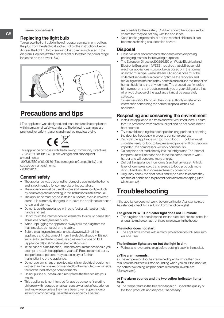 Precautions and tips, Troubleshooting, Replacing the light bulb | General safety, Disposal, Respecting and conserving the environment | Hotpoint Ariston Combinato NMBL 192A CVW User Manual | Page 22 / 48