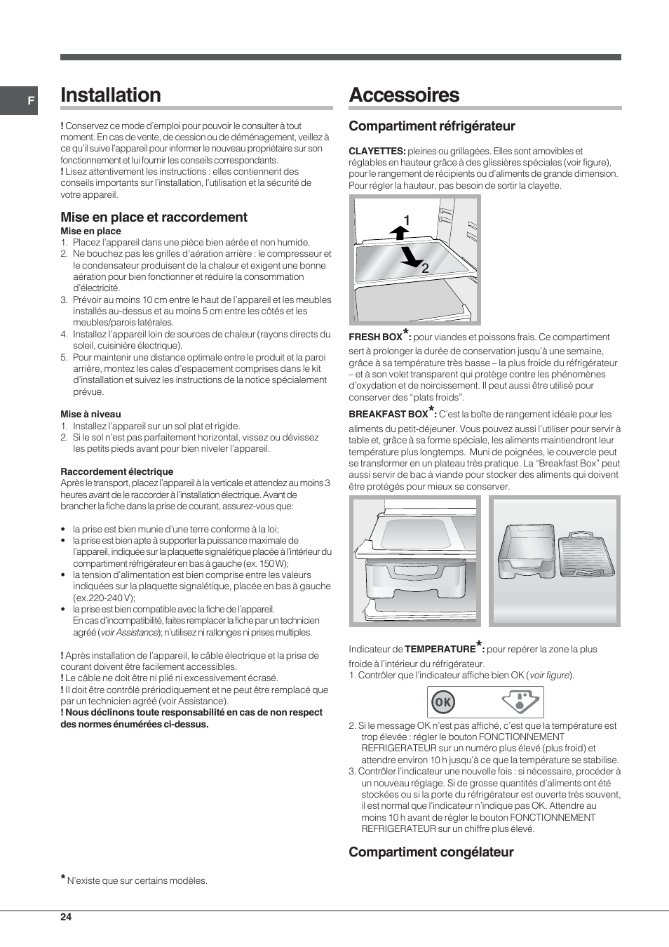 Installation, Accessoires, Mise en place et raccordement | Compartiment réfrigérateur, Compartiment congélateur | Hotpoint Ariston Combinato NMBL 192A CVW User Manual | Page 24 / 48