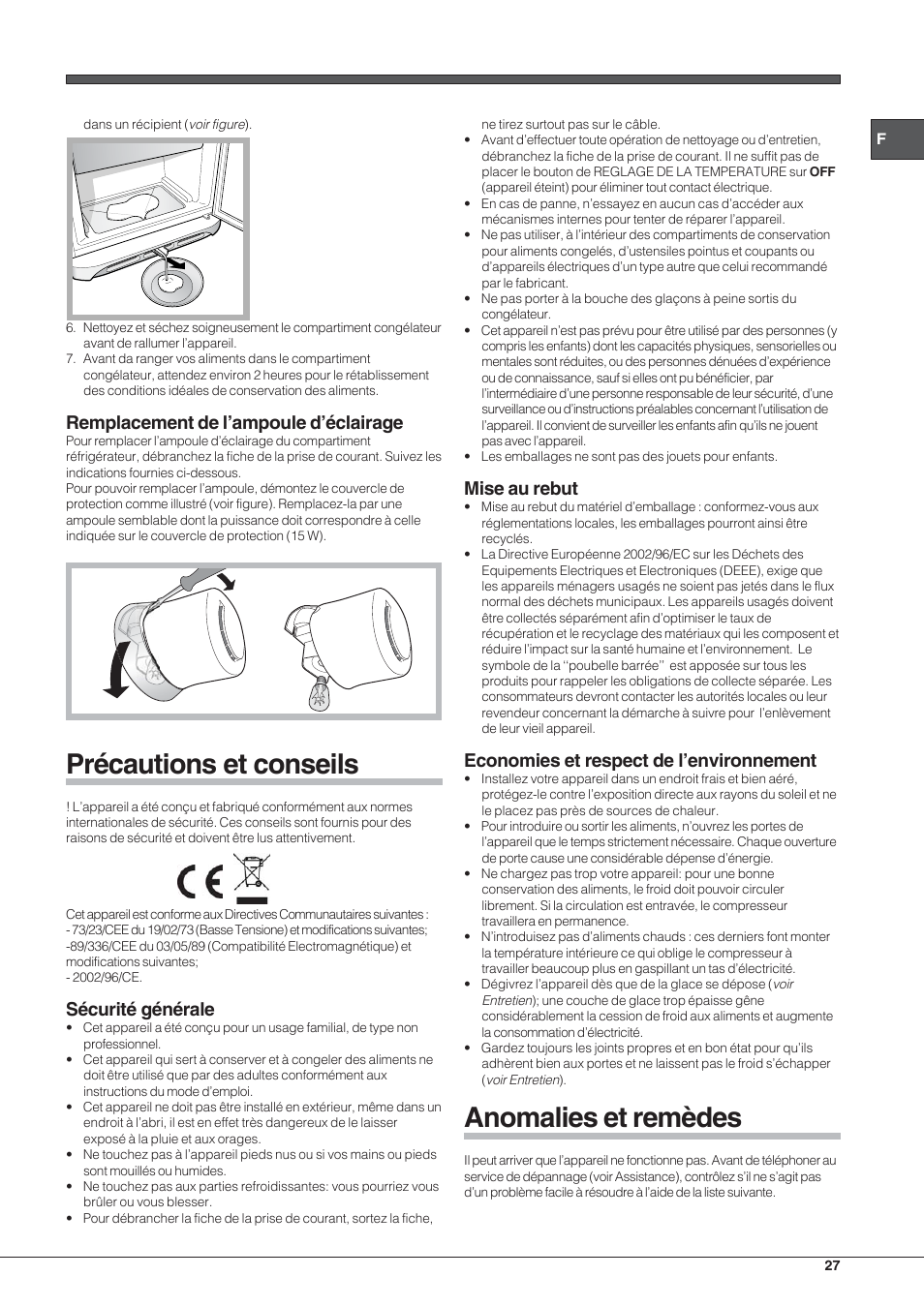 Précautions et conseils, Anomalies et remèdes, Remplacement de l’ampoule d’éclairage | Sécurité générale, Mise au rebut, Economies et respect de l’environnement | Hotpoint Ariston Combinato NMBL 192A CVW User Manual | Page 27 / 48
