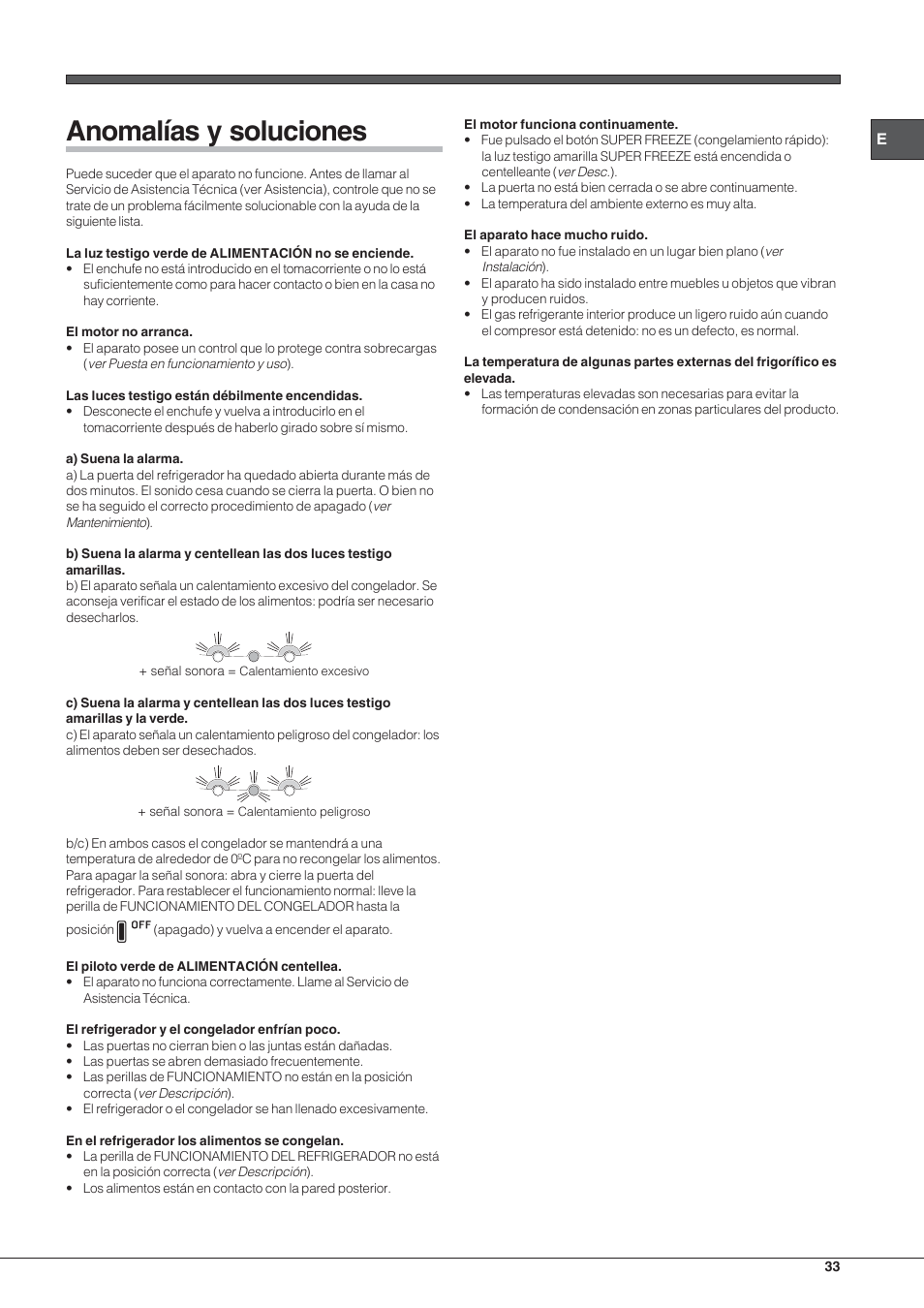 Anomalías y soluciones | Hotpoint Ariston Combinato NMBL 192A CVW User Manual | Page 33 / 48