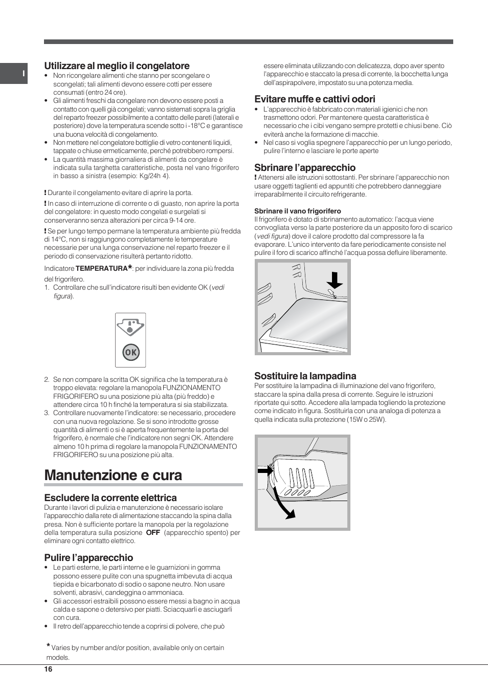 Manutenzione e cura, Utilizzare al meglio il congelatore, Escludere la corrente elettrica | Pulire l’apparecchio, Evitare muffe e cattivi odori, Sbrinare l’apparecchio, Sostituire la lampadina | Hotpoint Ariston Doppia Porta ETM 17201 F User Manual | Page 16 / 56