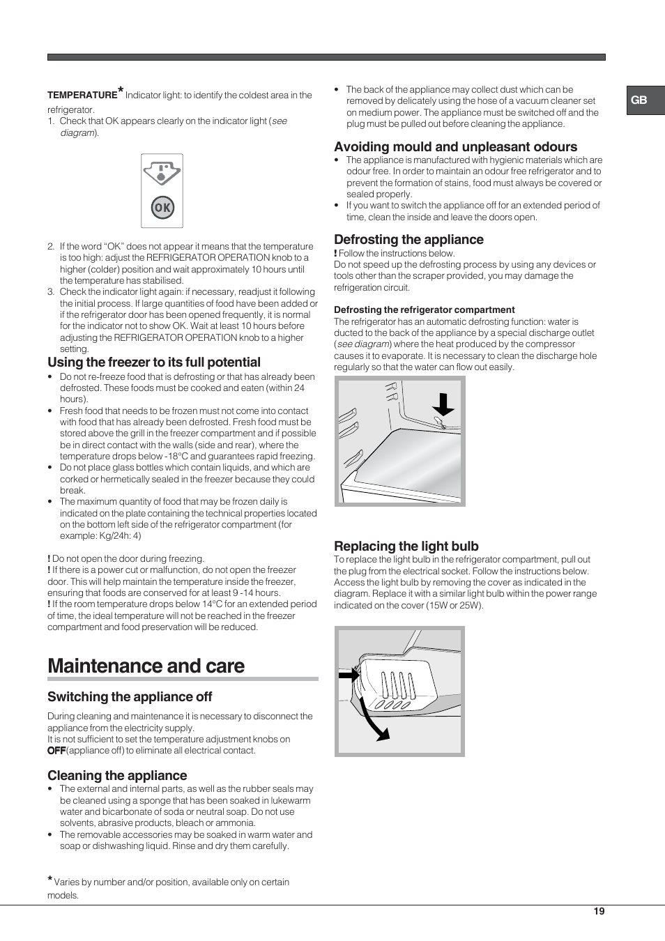 Maintenance and care, Using the freezer to its full potential, Switching the appliance off | Cleaning the appliance, Avoiding mould and unpleasant odours, Defrosting the appliance, Replacing the light bulb | Hotpoint Ariston Doppia Porta ETM 17201 F User Manual | Page 19 / 56