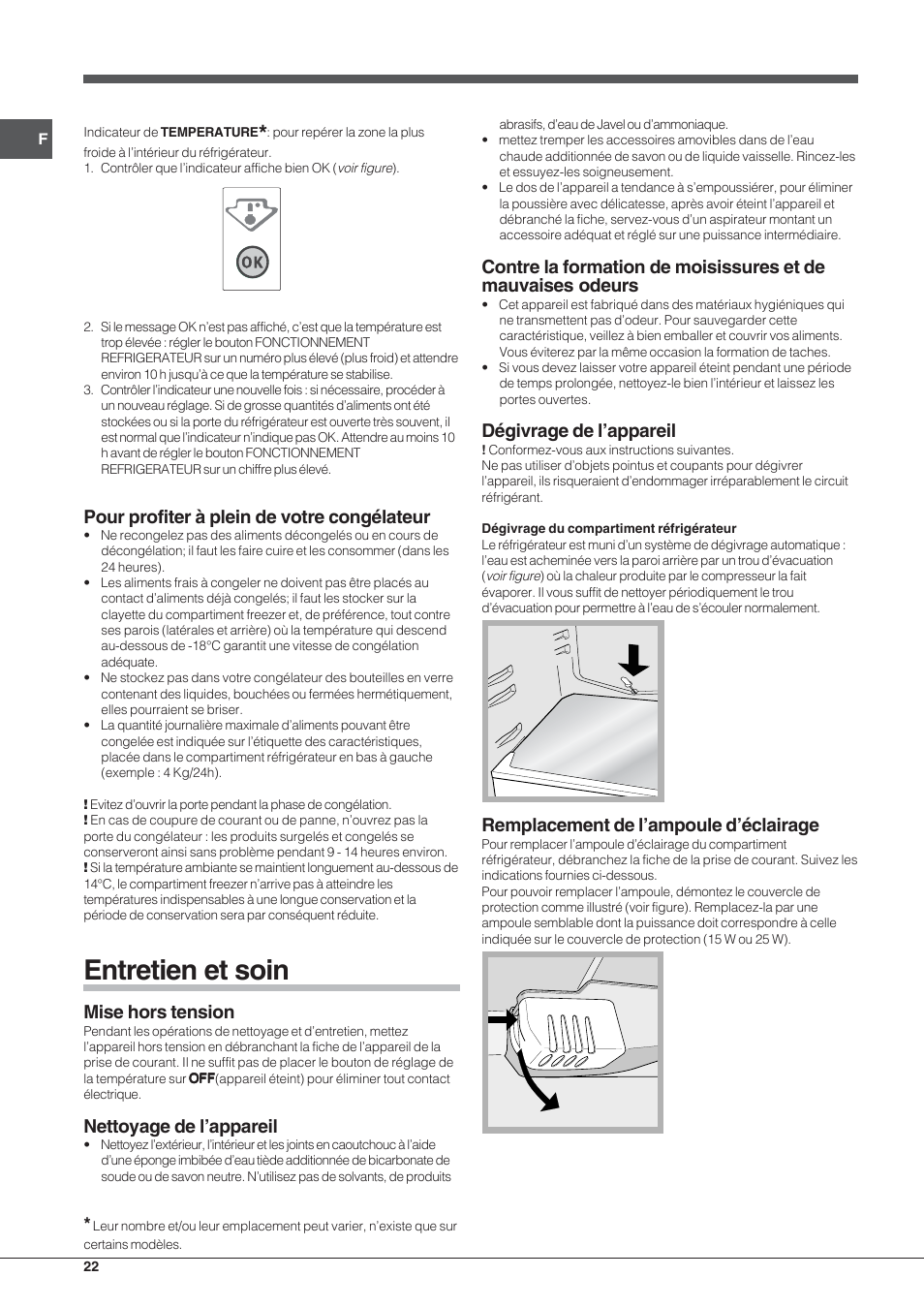 Entretien et soin, Pour profiter à plein de votre congélateur, Mise hors tension | Nettoyage de l’appareil, Dégivrage de l’appareil, Remplacement de l’ampoule d’éclairage | Hotpoint Ariston Doppia Porta ETM 17201 F User Manual | Page 22 / 56