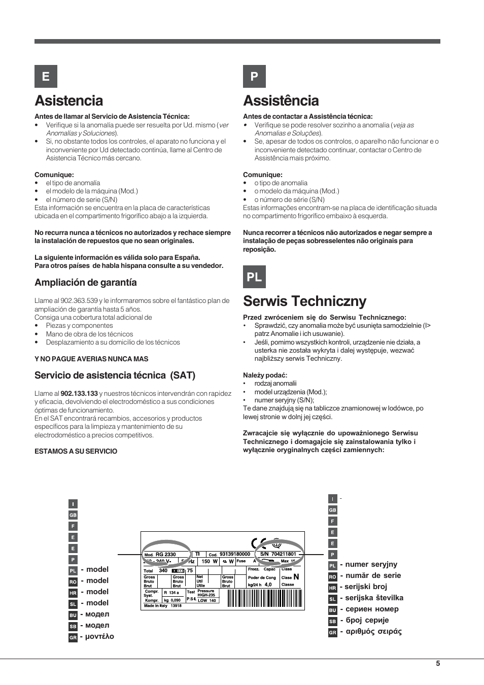 Asistencia, Assistência, Ampliación de garantía | Servicio de asistencia técnica (sat) | Hotpoint Ariston Doppia Porta ETM 17201 F User Manual | Page 5 / 56